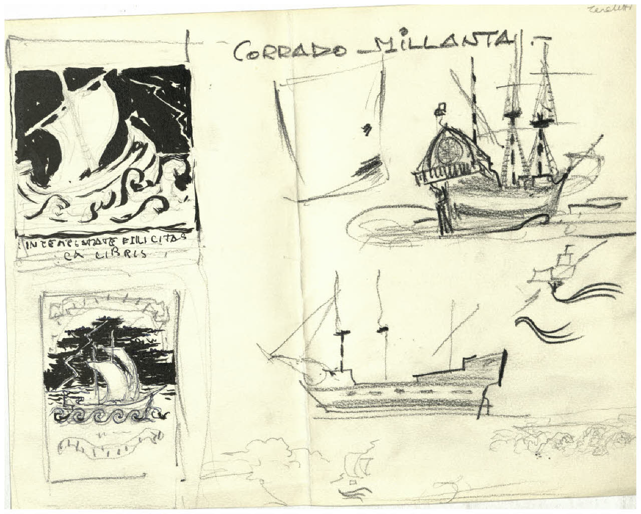 Quattro studi di nave tra i flutti - In tempestate felicitas. Studio per ex libris (disegno) di Disertori, Benvenuto Maria (prima metà sec. XX)