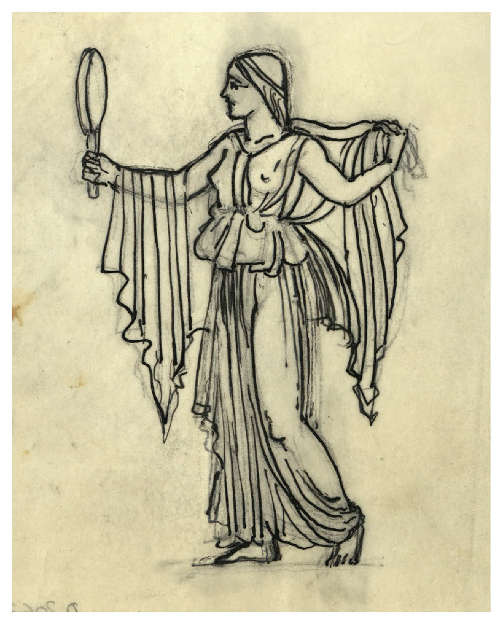 Figura femminile allegorica che tiene in mano uno specchio (disegno preparatorio per la copertina di Giovanni Papini, Filosofia e letteratura, Milano, Mondadori, 1961) (disegno) di Disertori, Benvenuto Maria (sec. XX)