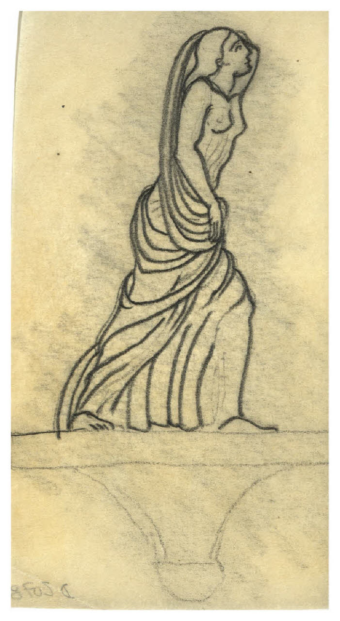 Figura femminile abbigliata all'antica che avanza verso destra. Studio per illustrazione (disegno) di Disertori, Benvenuto Maria (prima metà sec. XX)