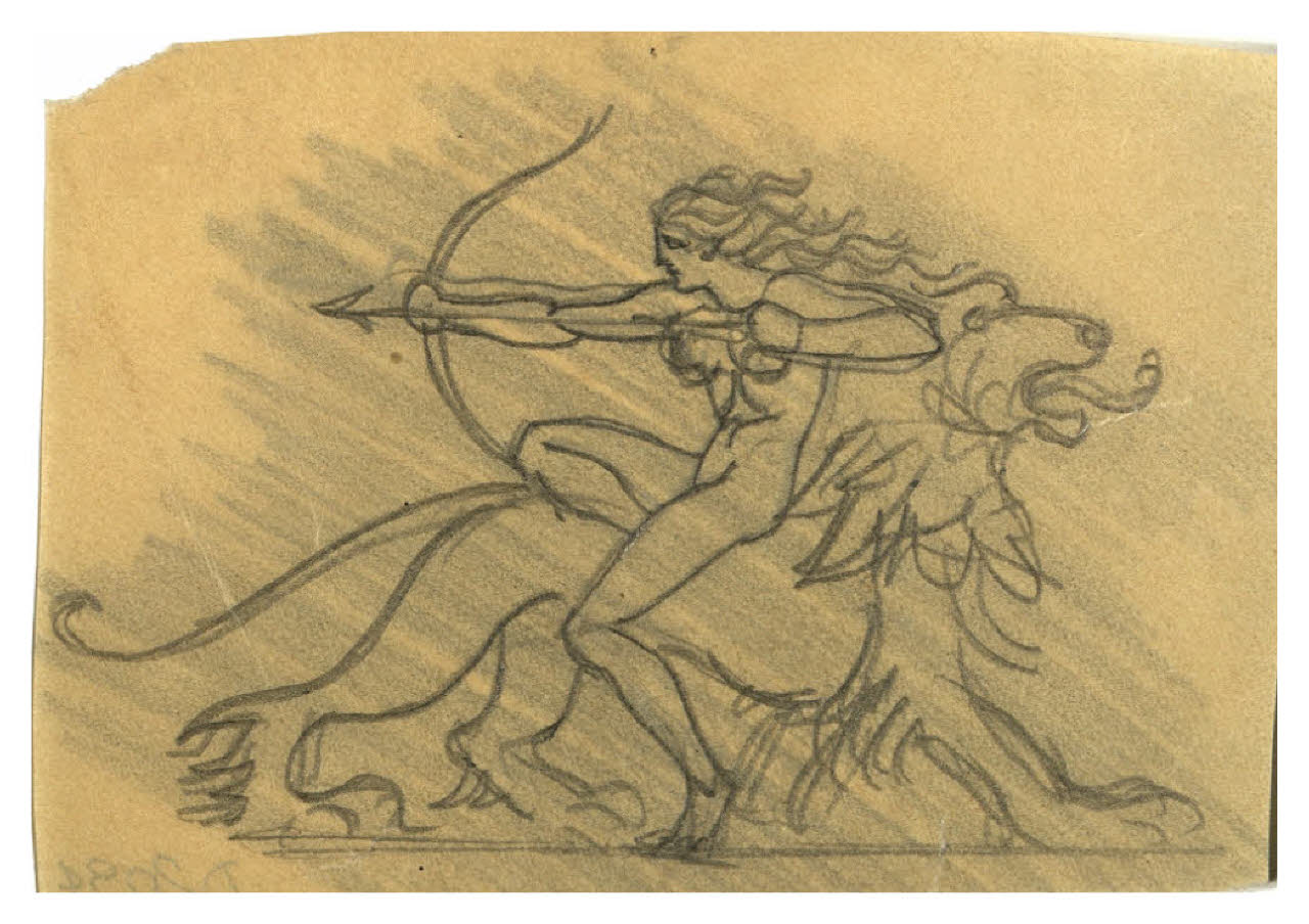 Arciere a cavallo di un leone (disegno preparatorio per la copertina di Giovanni Papini, Prose morali, Milano, Mondadori, 1959) (disegno) di Disertori, Benvenuto Maria (sec. XX)