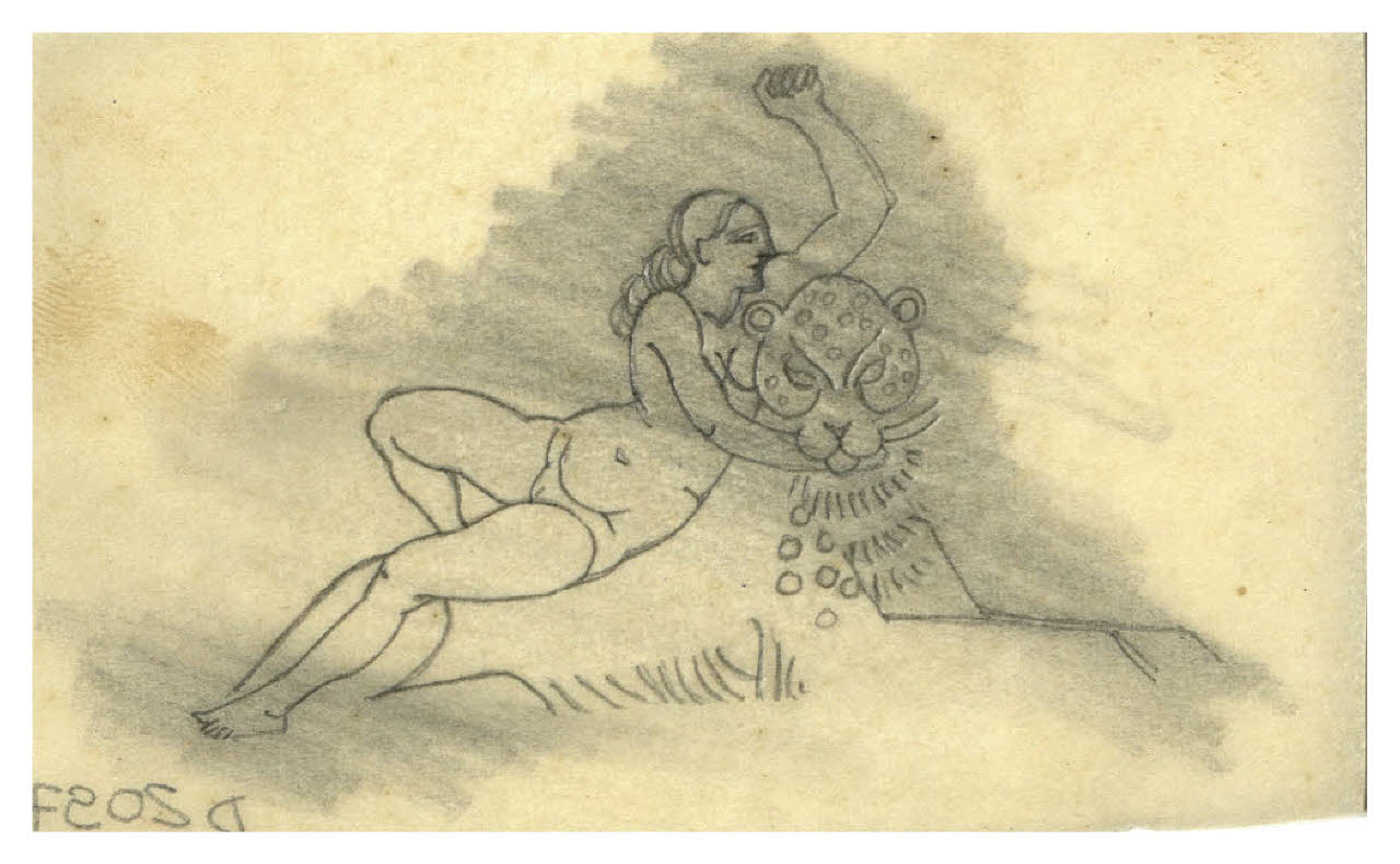 Figura a cavallo di un felino maculato. Studio per testata di Comoedia (disegno) di Disertori, Benvenuto Maria (prima metà sec. XX)