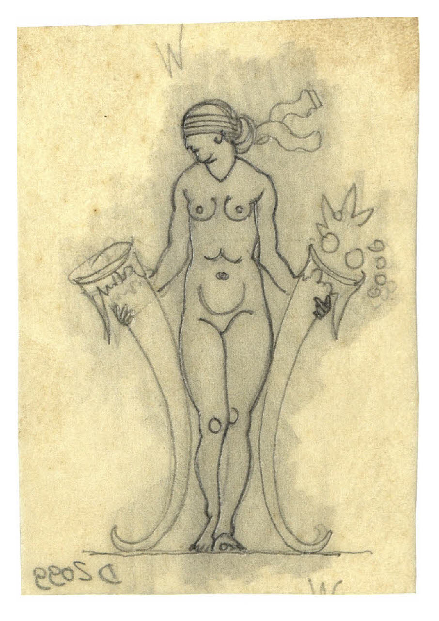 Nudo femminile con gli occhi bendati e due cornucopie (disegno preparatorio per la copertina di Arnaldo Fraccaroli, Il problema centrale, Firenze, Barbera, 1926) (disegno) di Disertori, Benvenuto Maria (sec. XX)