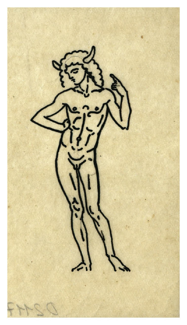 Giovane nudo con corna sul capo (disegno preparatorio per la copertina di Georg Bernard Shaw, Il discepolo del diavolo, Milano, Mondadori, 1926) (disegno) di Disertori, Benvenuto Maria (sec. XX)