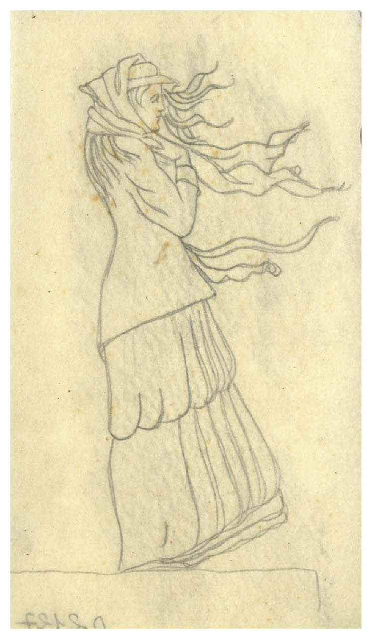 Figura femminile con abito lungo, mosso dal vento. Studio per illustrazione (disegno) di Disertori, Benvenuto Maria (prima metà sec. XX)