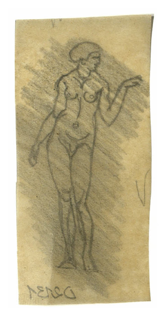 Nudo femminile. Disegno preparatorio per la cornice di un menu (disegno) di Disertori, Benvenuto Maria (prima metà sec. XX)