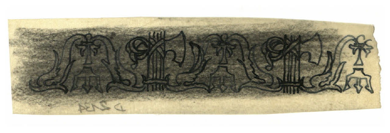 Fregio con delfini e fasci littori. Disegno preparatorio per la cornice di un menu (disegno) di Disertori, Benvenuto Maria (prima metà sec. XX)