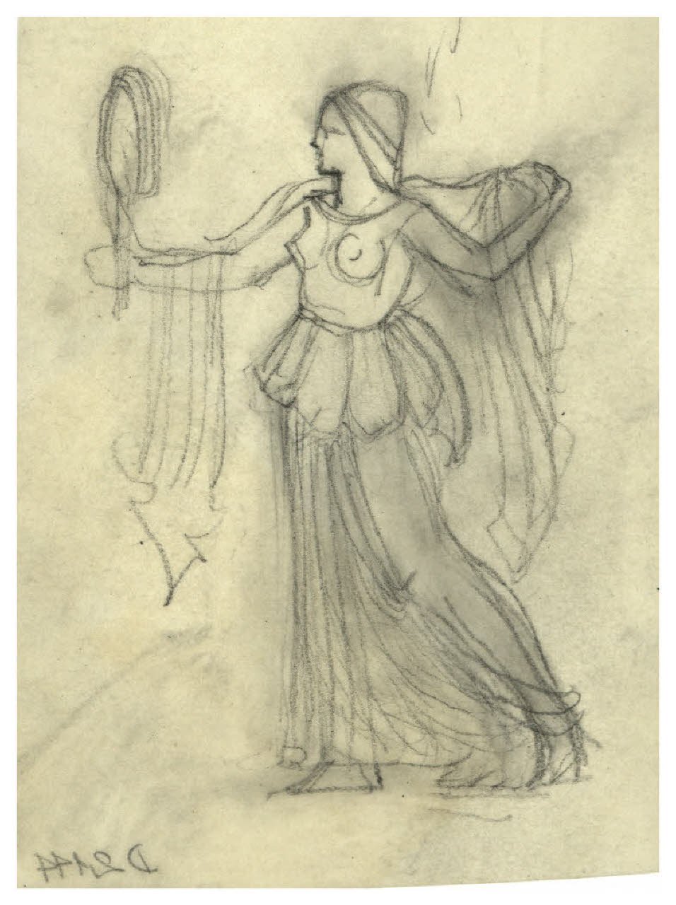 Figura femminile allegorica che tiene in mano uno specchio (disegno preparatorio per la copertina di Giovanni Papini, Filosofia e letteratura, Milano, Mondadori, 1961) (disegno) di Disertori, Benvenuto Maria (sec. XX)