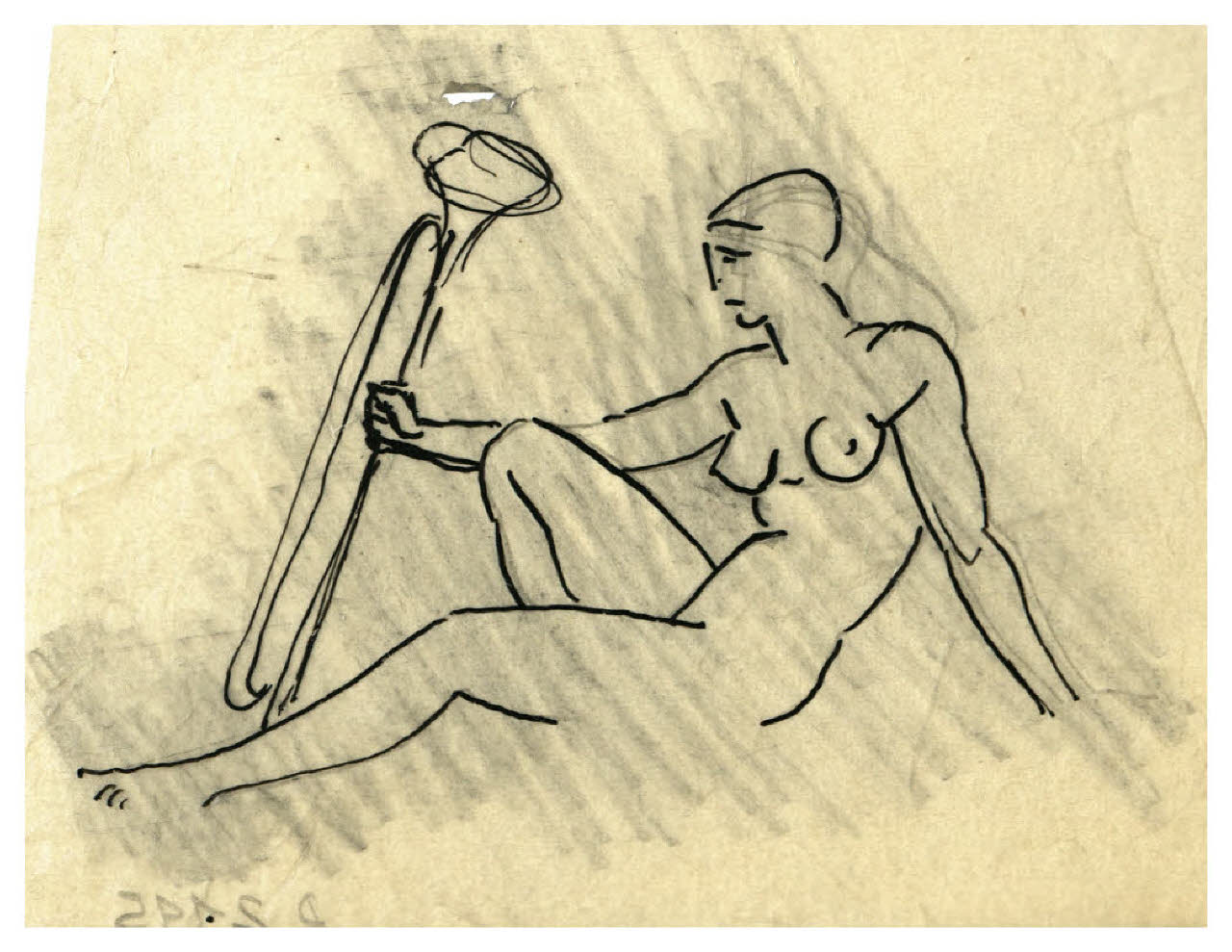 Nudo femminile con in mano una tuba romana. Studio per illustrazione (?) (disegno) di Disertori, Benvenuto Maria (prima metà sec. XX)