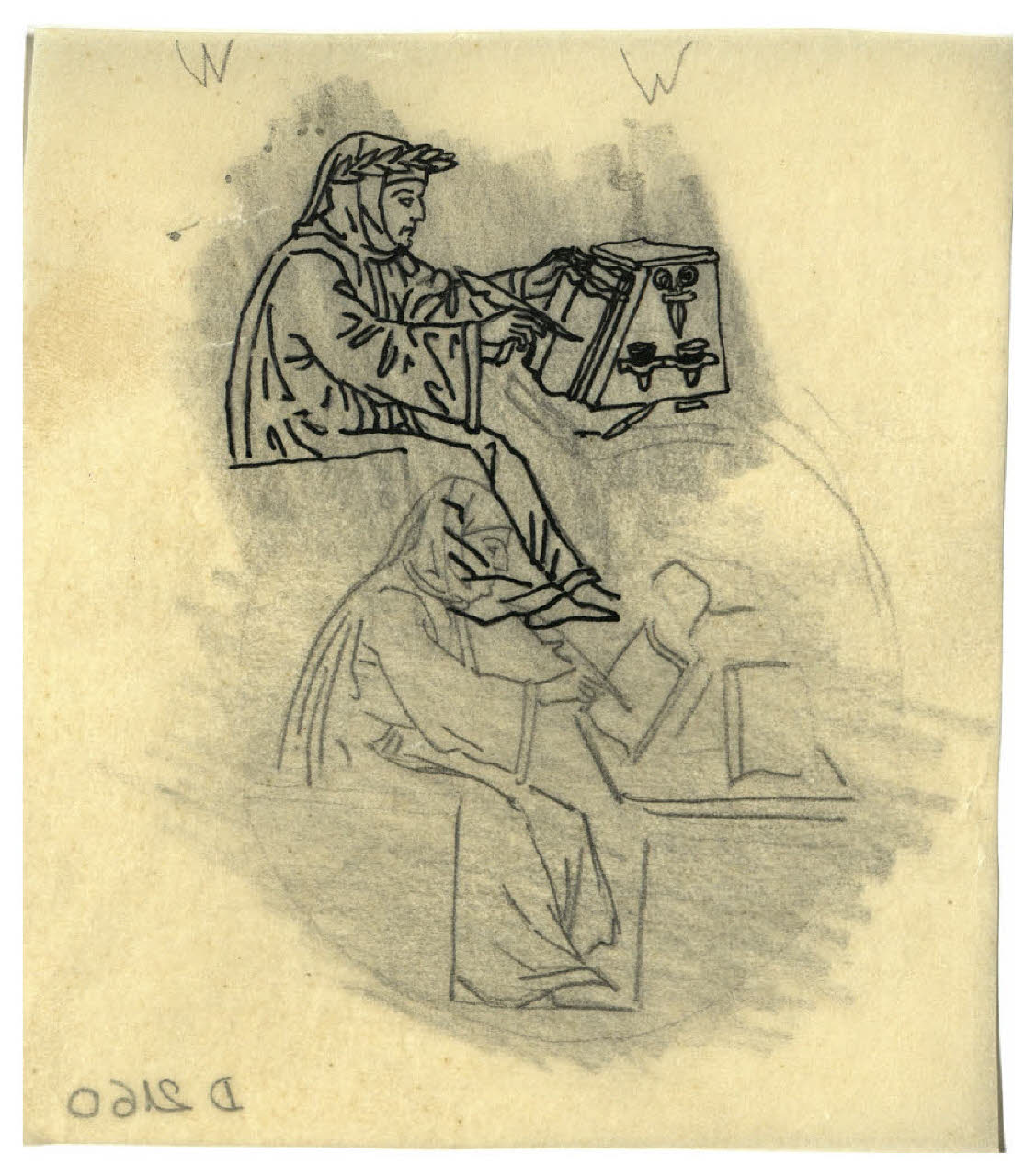 Petrarca nel suo studio (studio per l'immagine di copertina dell'Edizione Nazionale delle opere di Francesco Petrarca, Firenze, Sansoni, 1926-) (disegno) di Disertori, Benvenuto Maria (sec. XX)