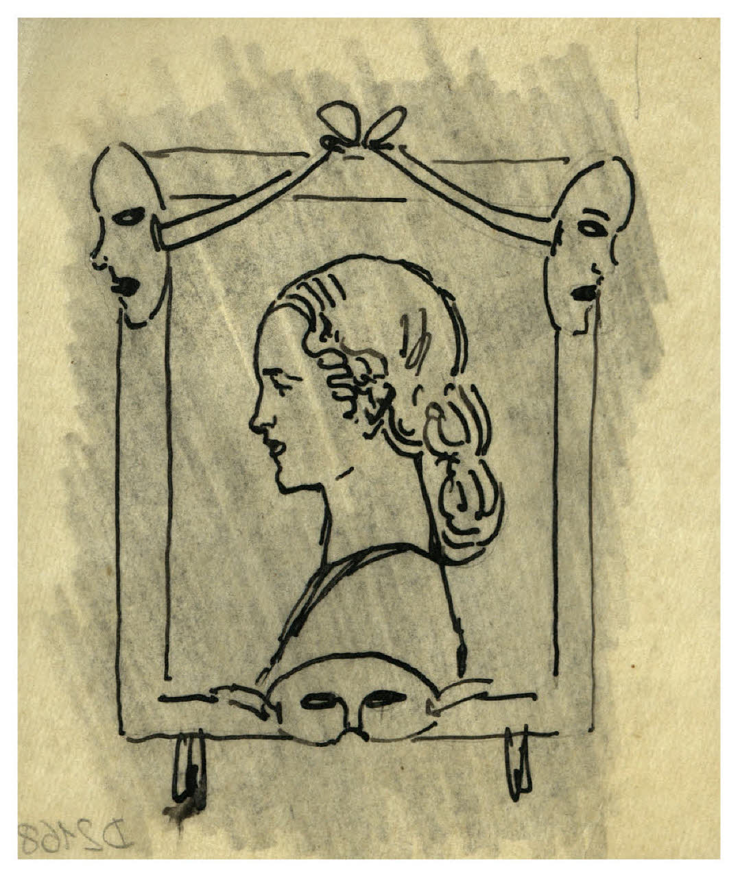 Ritratto femminile di profilo entro una cornice decorata con maschere. Studio per illustrazione (disegno) di Disertori, Benvenuto Maria (prima metà sec. XX)