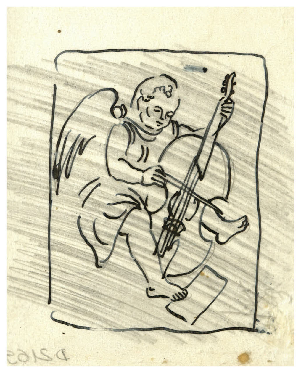 Putto alato, seduto accanto a una viola. Studio per illustrazione (disegno) di Disertori, Benvenuto Maria (prima metà sec. XX)