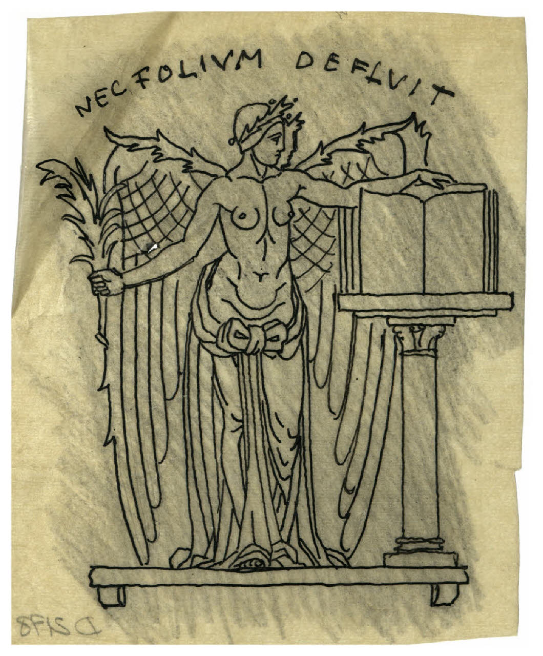 Gloria che sfoglia un libro aperto posto sopra una colonnina - Nec folium defluit. Disegno preparatorio per una marca dell'Istituto d'Arti Grafiche di Bergamo (?) (disegno) di Disertori, Benvenuto Maria (prima metà sec. XX)