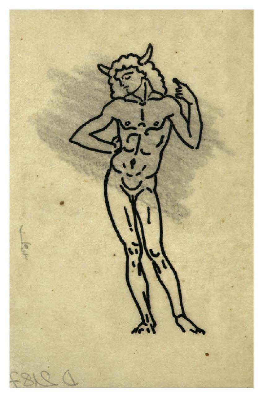 Giovane nudo con corna sul capo (disegno preparatorio per la copertina di Georg Bernard Shaw, Il discepolo del diavolo, Milano, Mondadori, 1926) (disegno) di Disertori, Benvenuto Maria (sec. XX)