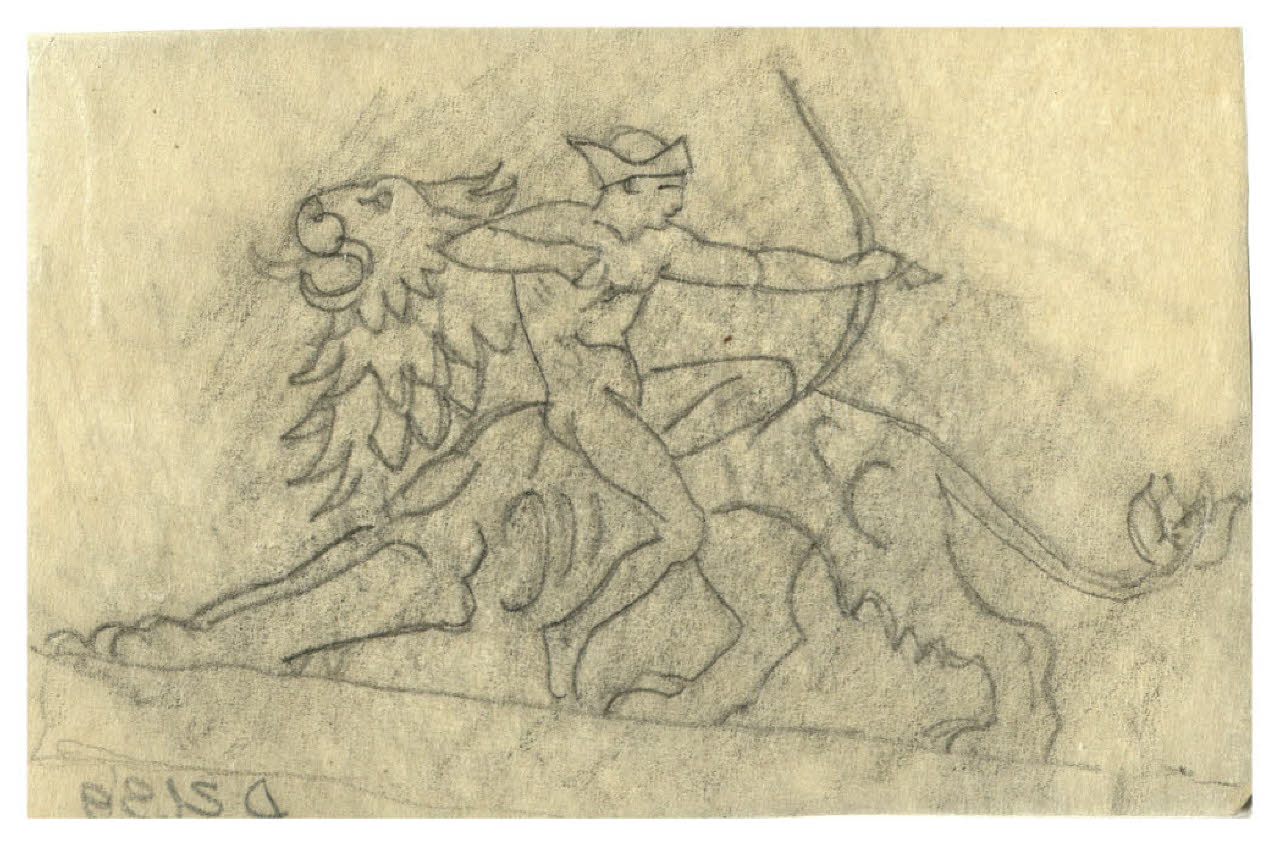 Arciere a cavallo di un leone (disegno preparatorio per la copertina di Giovanni Papini, Prose morali, Milano, Mondadori, 1959) (disegno) di Disertori, Benvenuto Maria (sec. XX)