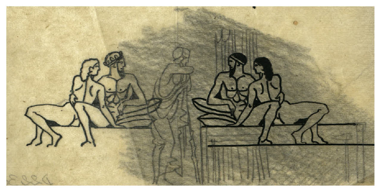 Scena con figure all'antica, una stante e due amanti. Variante di studio per la testata dell'atto terzo di Raffaele Calzini, La tela di Penelope, Milano, Mondadori, 1922 ? (disegno) di Disertori, Benvenuto Maria (prima metà sec. XX)