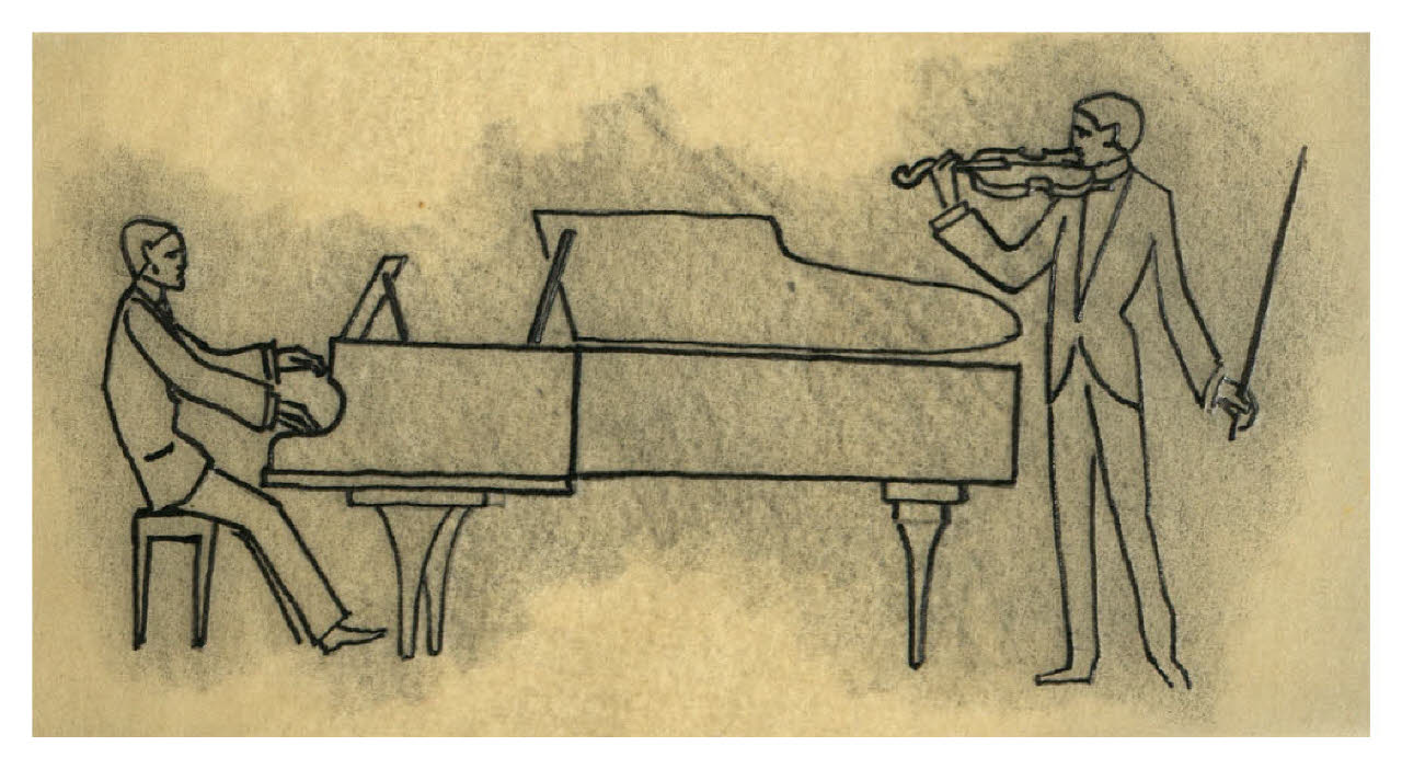Pianista e violista: studio di dettaglio per Interno con pianoforte davanti a una finestra. Studio per illustrazione (disegno) di Disertori, Benvenuto Maria (secondo quarto sec. XX)