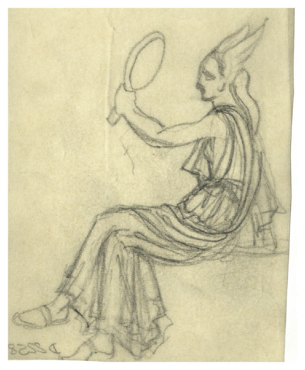 Donna seduta che tiene in mano uno specchio (studio di copertina o illustrazione di Papini, Scritti filosofici) (disegno) di Disertori, Benvenuto Maria (sec. XX)