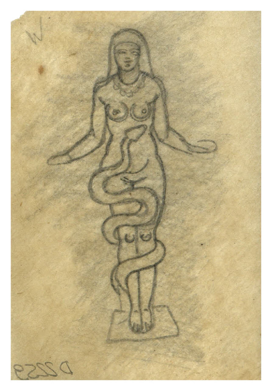 Statua raffigurante una donna tra le spire di un serpente. Studio per illustrazione (disegno) di Disertori, Benvenuto Maria (prima metà sec. XX)