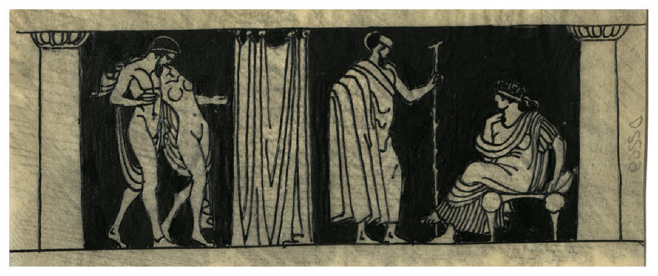 Scena antica (disegno preparatorio per il fregio all'inizio dell'Atto secondo di Raffaele Calzini, La tela di Penelope, Roma-Milano, Mondadori, 1922) (disegno) di Disertori, Benvenuto Maria (sec. XX)