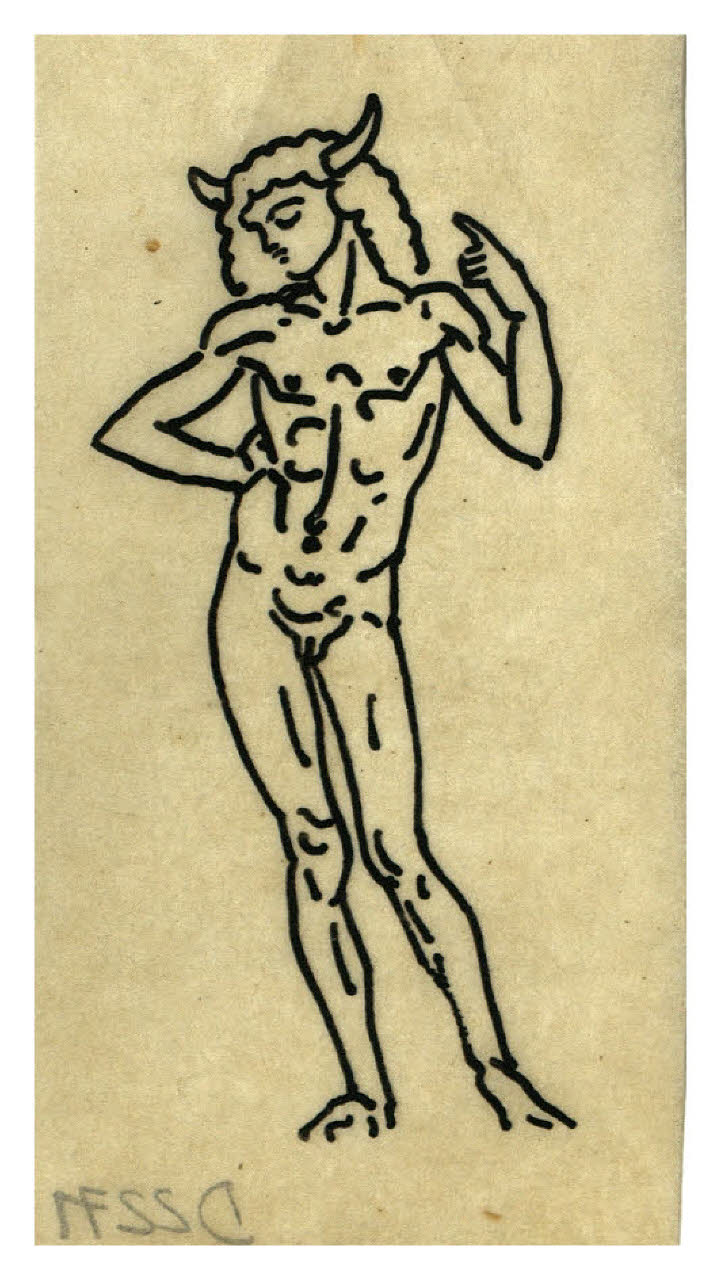 Giovane nudo con corna sul capo (disegno preparatorio per la copertina di Georg Bernard Shaw, Il discepolo del diavolo, Milano, Mondadori, 1926) (disegno) di Disertori, Benvenuto Maria (sec. XX)