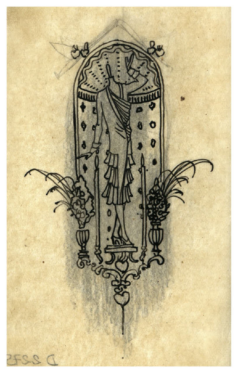 Manichino con abiti femminili entro una nicchia. Studio per illustrazione (disegno) di Disertori, Benvenuto Maria (prima metà sec. XX)