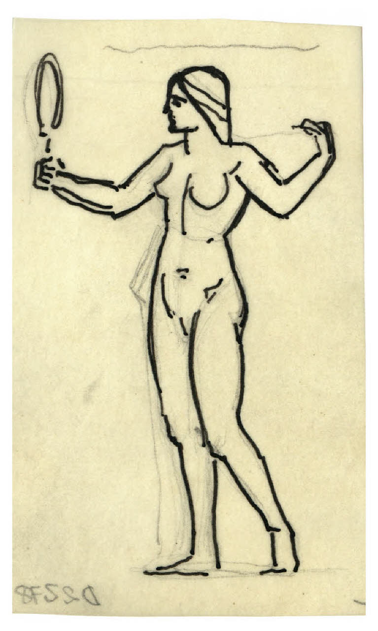 Figura femminile allegorica che tiene in mano uno specchio (disegno preparatorio per la copertina di Giovanni Papini, Filosofia e letteratura, Milano, Mondadori, 1961) (disegno) di Disertori, Benvenuto Maria (sec. XX)