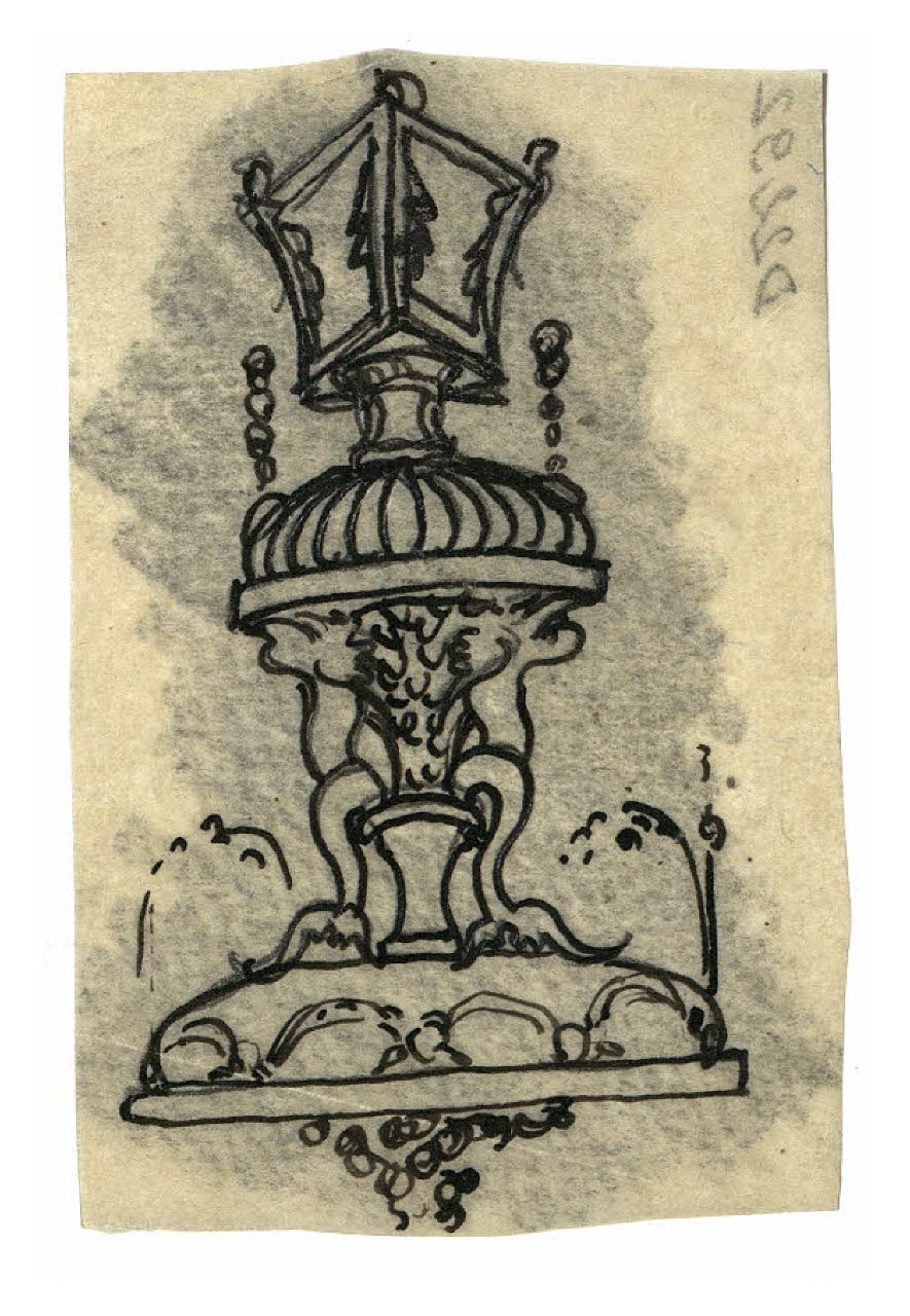 Base di una fontana o di un'acquasantiera. Studio per illustrazione (disegno) di Disertori, Benvenuto Maria (prima metà sec. XX)