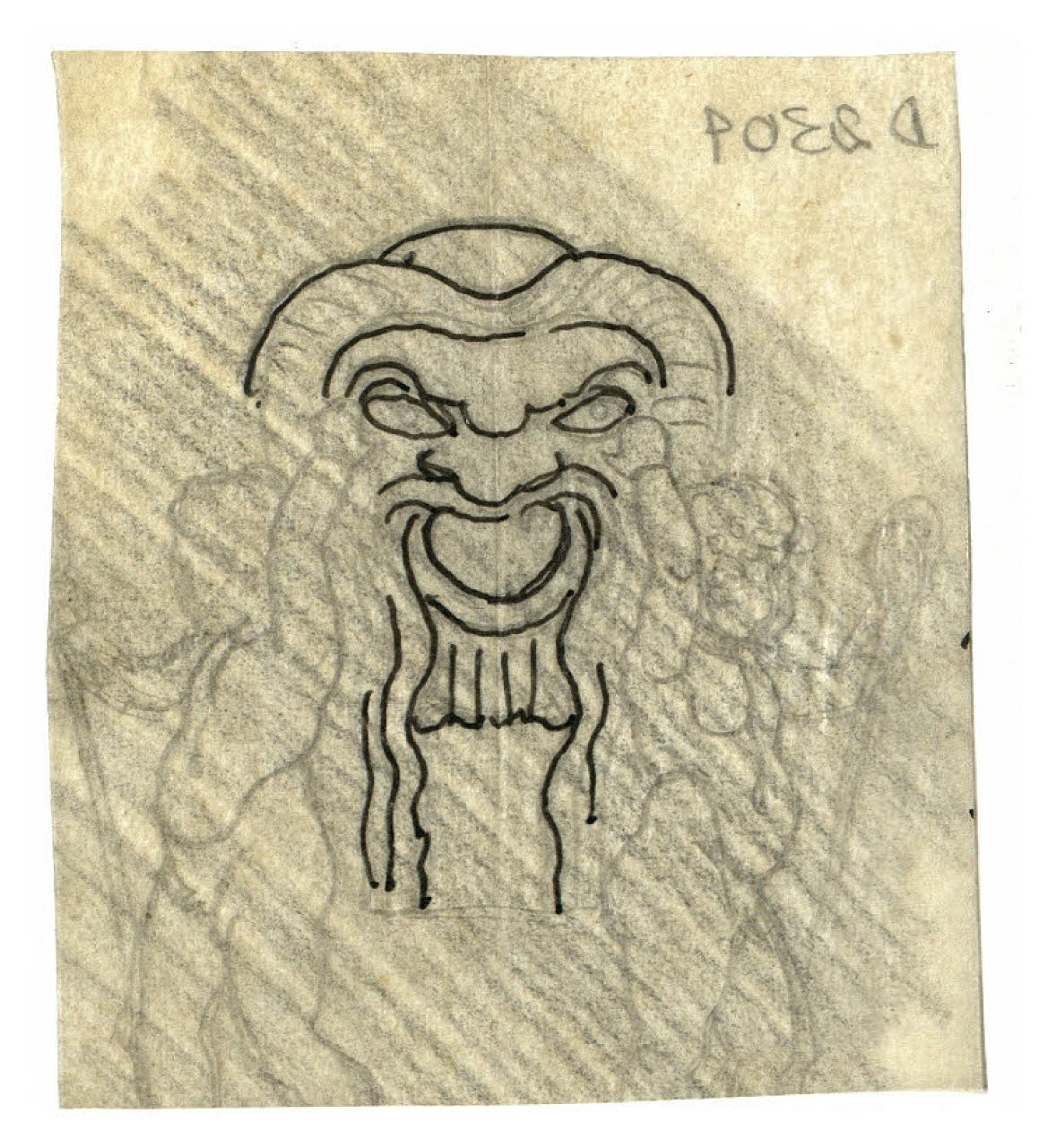 Due putti ai lati di un mascherone. Disegno preparatorio per la copertina di George Bernard Shaw, La prima commedia di Fanny, Milano, Mondadori, 1928 (disegno) di Disertori, Benvenuto Maria (sec. XX)