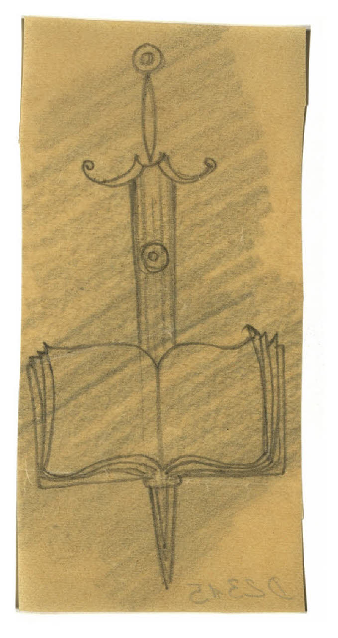 Spada e libro aperto. Studio per illustrazione (disegno) di Disertori, Benvenuto Maria (prima metà sec. XX)