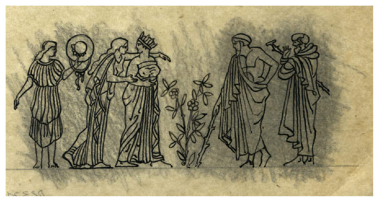 Scena antica (disegno preparatorio per il fregio all'inizio dell'Atto primo di Raffaele Calzini, La tela di Penelope, Roma-Milano, Mondadori, 1922) (disegno) di Disertori, Benvenuto Maria (sec. XX)