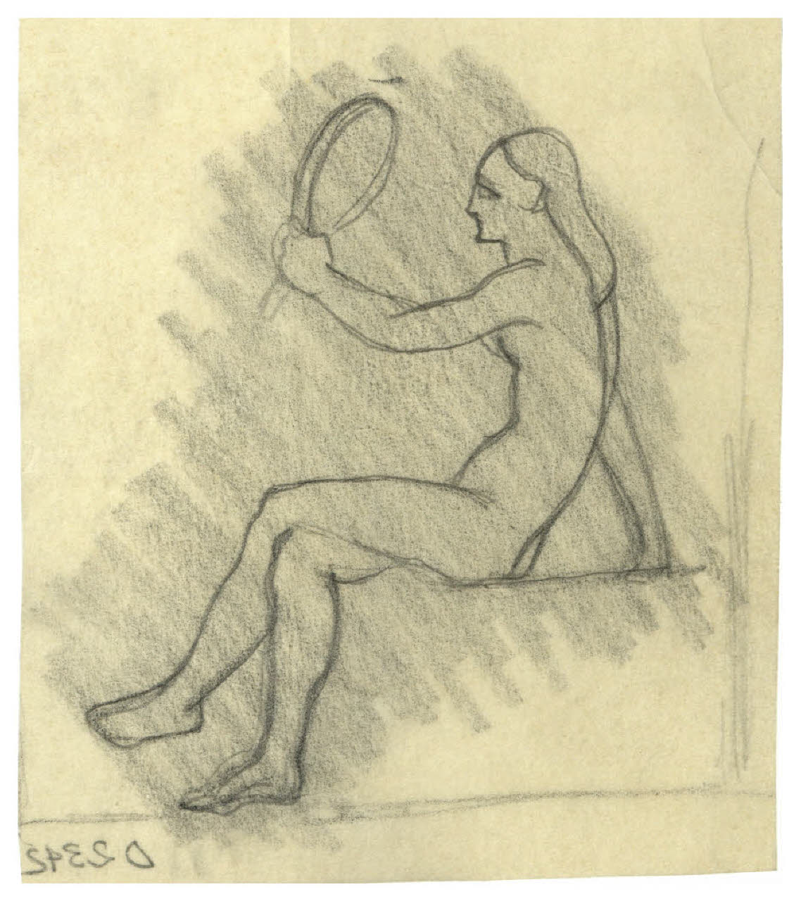 Donna seduta che tiene in mano uno specchio (studio di copertina o illustrazione di Papini, Scritti filosofici) (disegno) di Disertori, Benvenuto Maria (sec. XX)