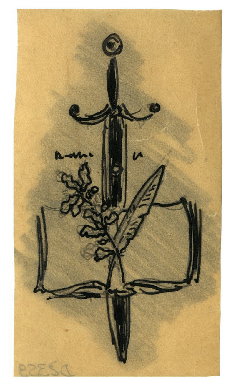 Spada, libro, piuma e ramo. Studio per illustrazione (disegno) di Disertori, Benvenuto Maria (prima metà sec. XX)