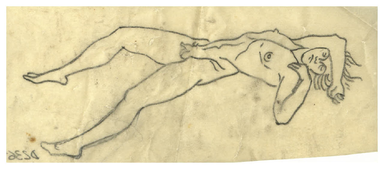 Nudo maschile (disegno preparatorio per la figura di Marte nell'acquaforte, mai realizzata, Il Pianeta Marte) (disegno) di Disertori, Benvenuto Maria (sec. XX)