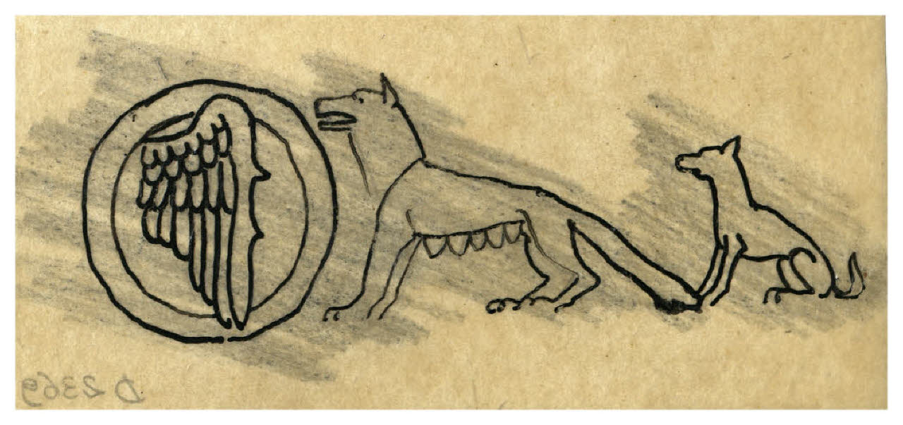 Fregio con quattro fiere, tra cui un leone e una lupa, al centro stemma con un'ala, frammento. Studio per testata del Canto I della Divina Commedia (disegno) di Disertori, Benvenuto Maria (prima metà sec. XX)