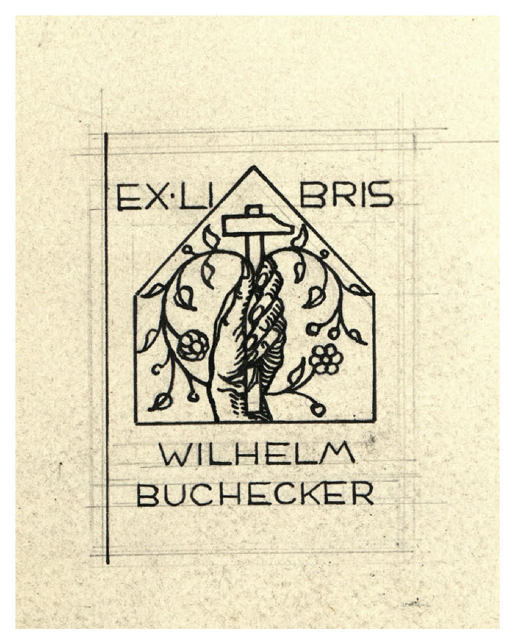 Mano che impugna un martello - Ex Libris per Wilhelm Buchecker (disegno) di Philippona Disertori, Regina (attribuito) (sec. XX)