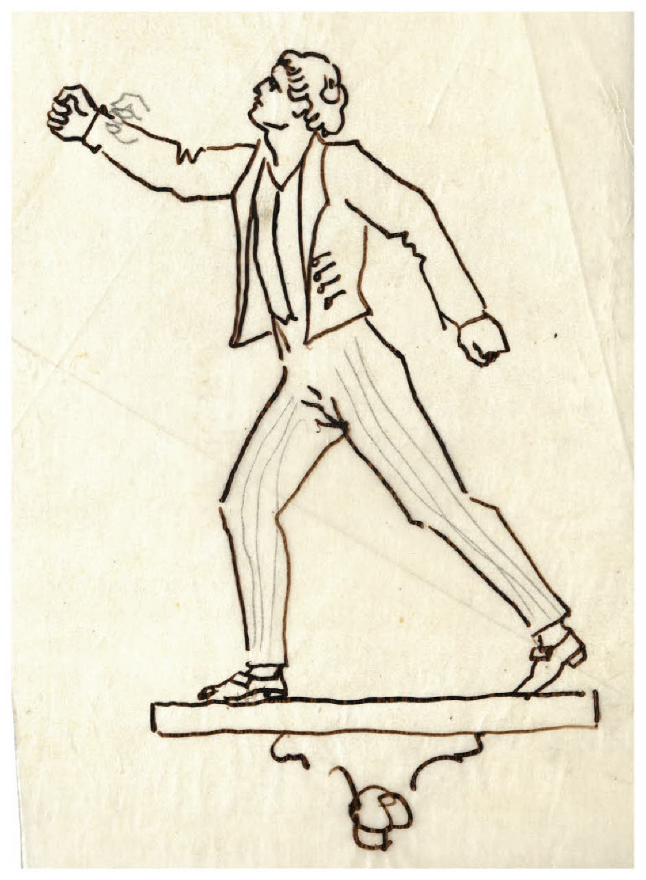 Figura maschile con pantalone a righe che avanza verso sinistra. Studio per illustrazione (disegno) di Disertori, Benvenuto Maria (prima metà sec. XX)