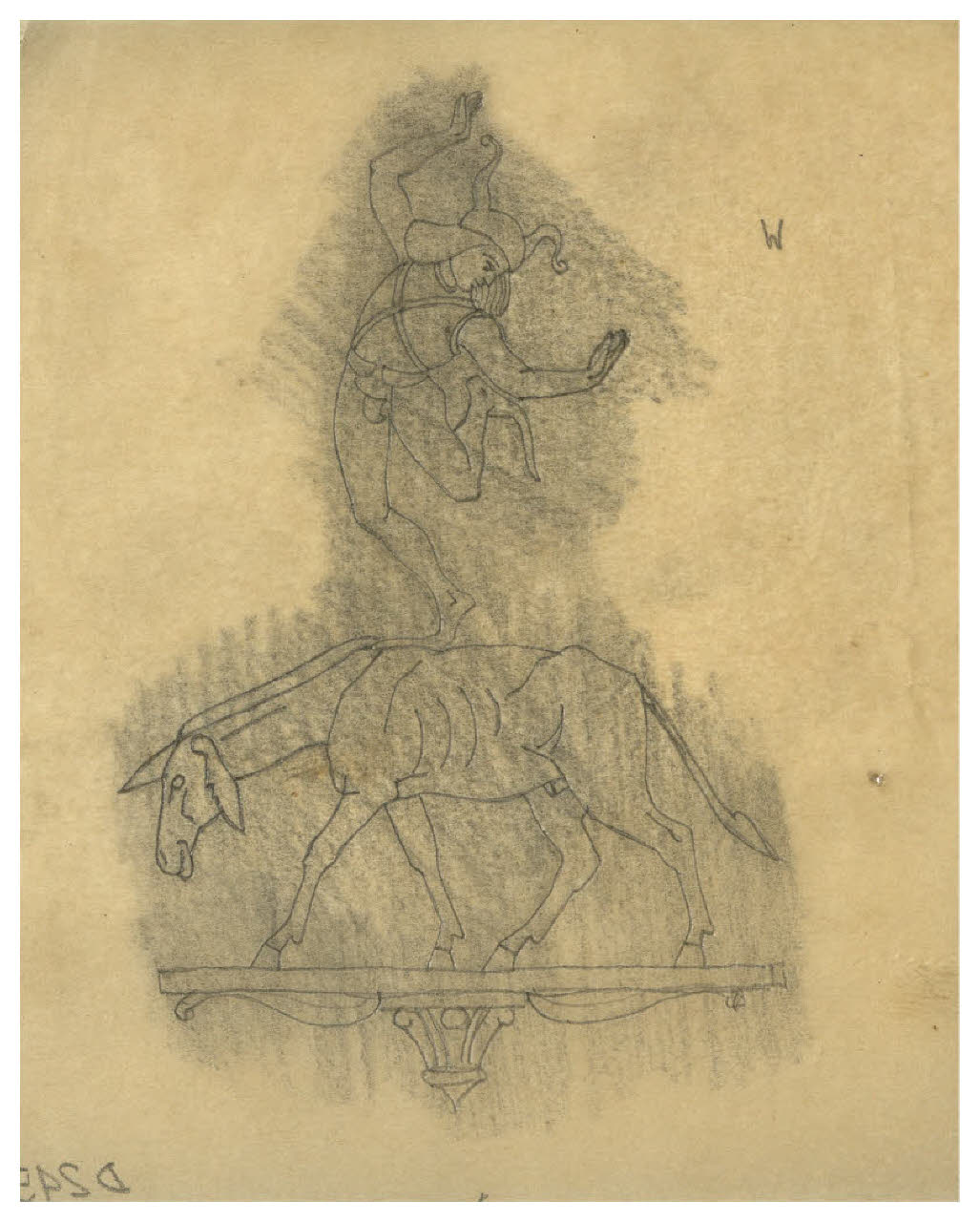 Giullare in piedi sopra un asino. Studio per illustrazione (disegno) di Disertori, Benvenuto Maria (prima metà sec. XX)