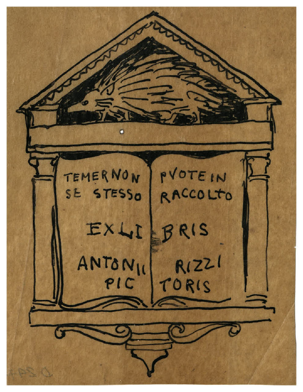 Leggio e riccio - Temer non puote in se stesso raccolto (disegno preparatorio per un ex libris, non realizzato, per Antonio Rizzi) (disegno) di Disertori, Benvenuto Maria (prima metà sec. XX)