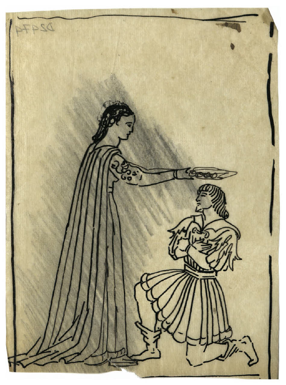 Investitura di un cavaliere. Studio per illustrazione (disegno) di Disertori, Benvenuto Maria (prima metà sec. XX)