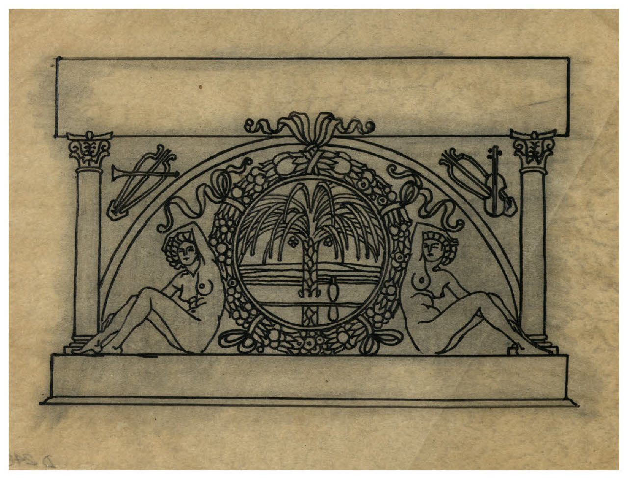 Composizione architettonica con due figure femminili (disegno preparatorio per l'ex libris per Emilia Rizzi Gorra) (disegno) di Disertori, Benvenuto Maria (sec. XX)