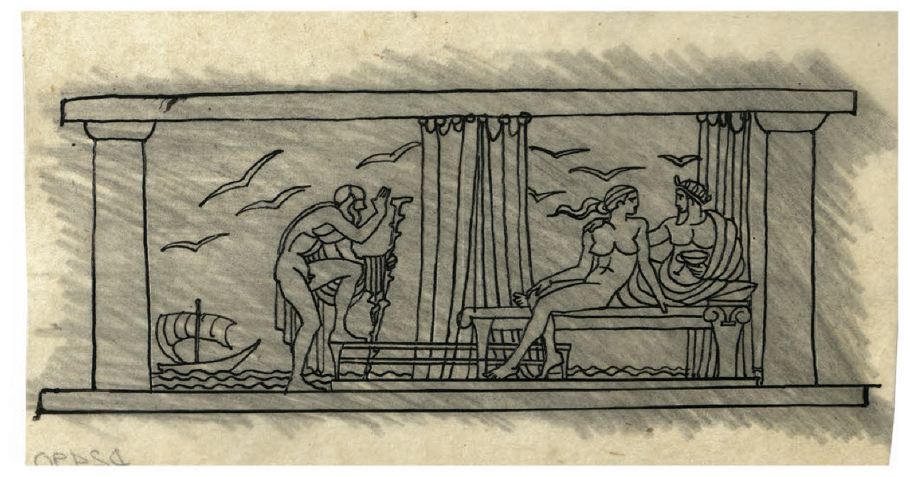 Scena antica (disegno preparatorio per il fregio all'inizio dell'Atto terzo di Raffaele Calzini, La tela di Penelope, Roma-Milano, Mondadori, 1922) (disegno) di Disertori, Benvenuto Maria (sec. XX)