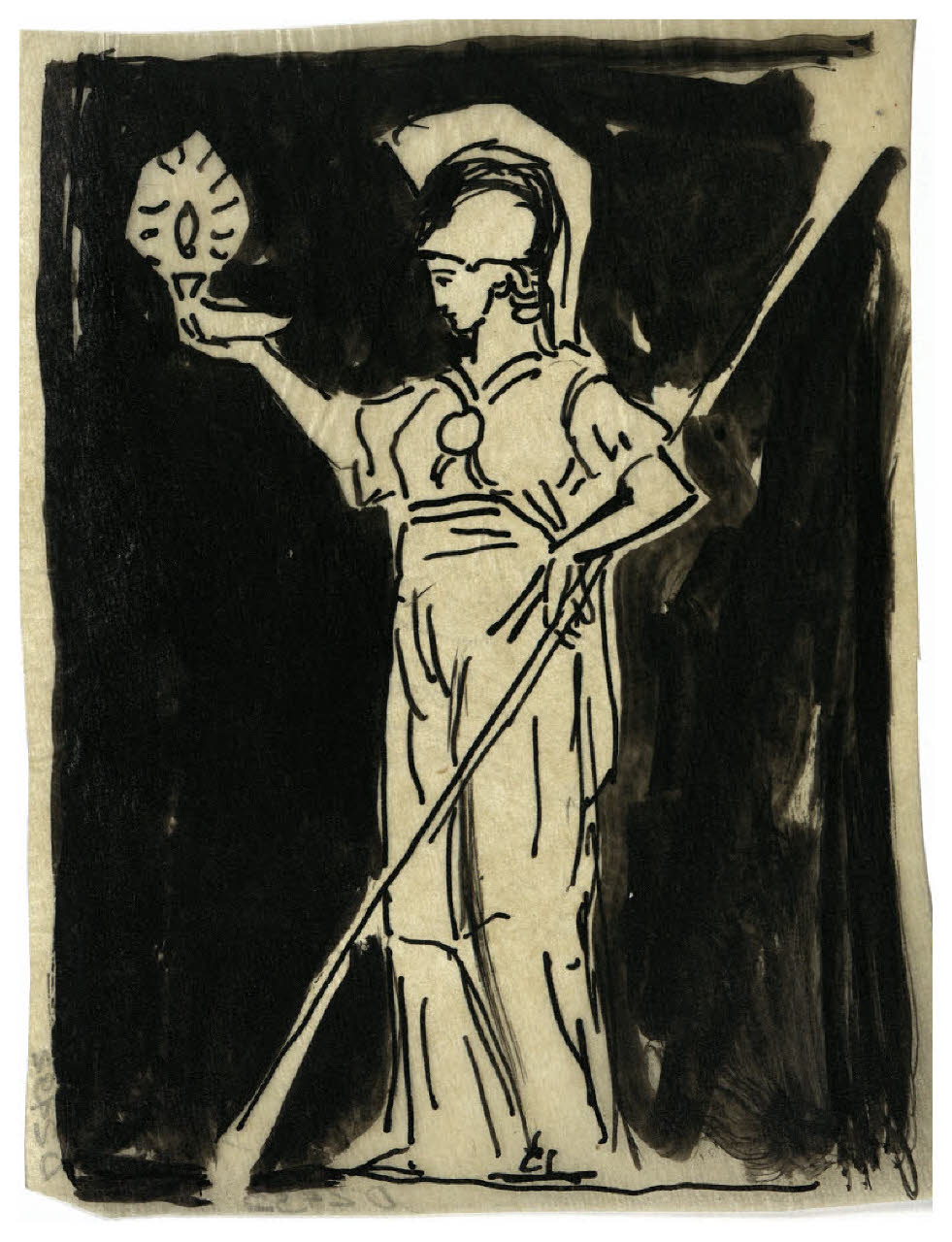 Minerva che avanza verso sinistra con in mano una lucerna. Studio per illustrazione (disegno) di Disertori, Benvenuto Maria (prima metà sec. XX)