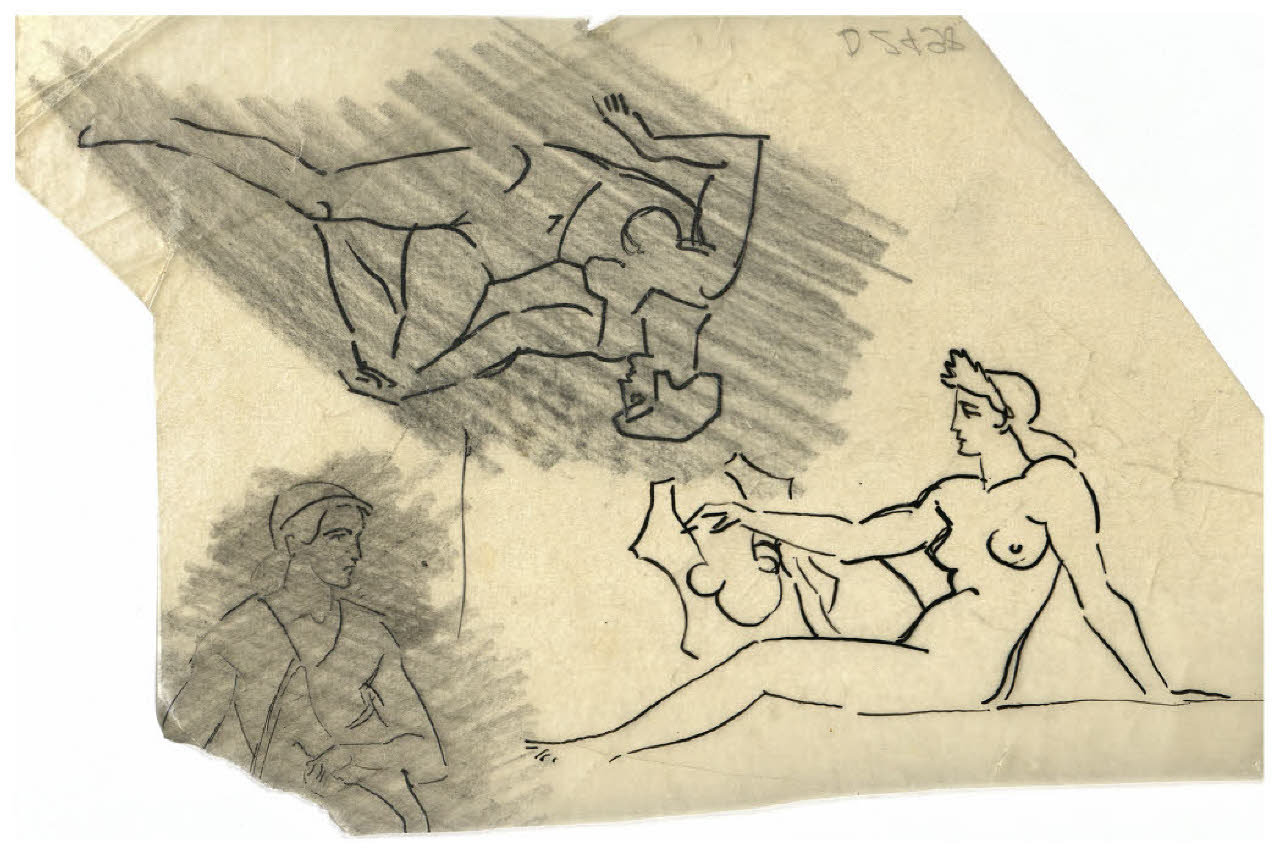 Figura femminile nuda seduta. Studio per illustrazione (?) (disegno) di Disertori, Benvenuto Maria (prima metà sec. XX)