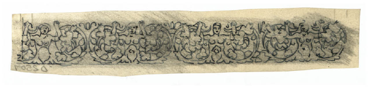 Fregio a girali e figure mitologiche. Disegno preparatorio per una cornice di menu (disegno) di Disertori, Benvenuto Maria (prima metà sec. XX)