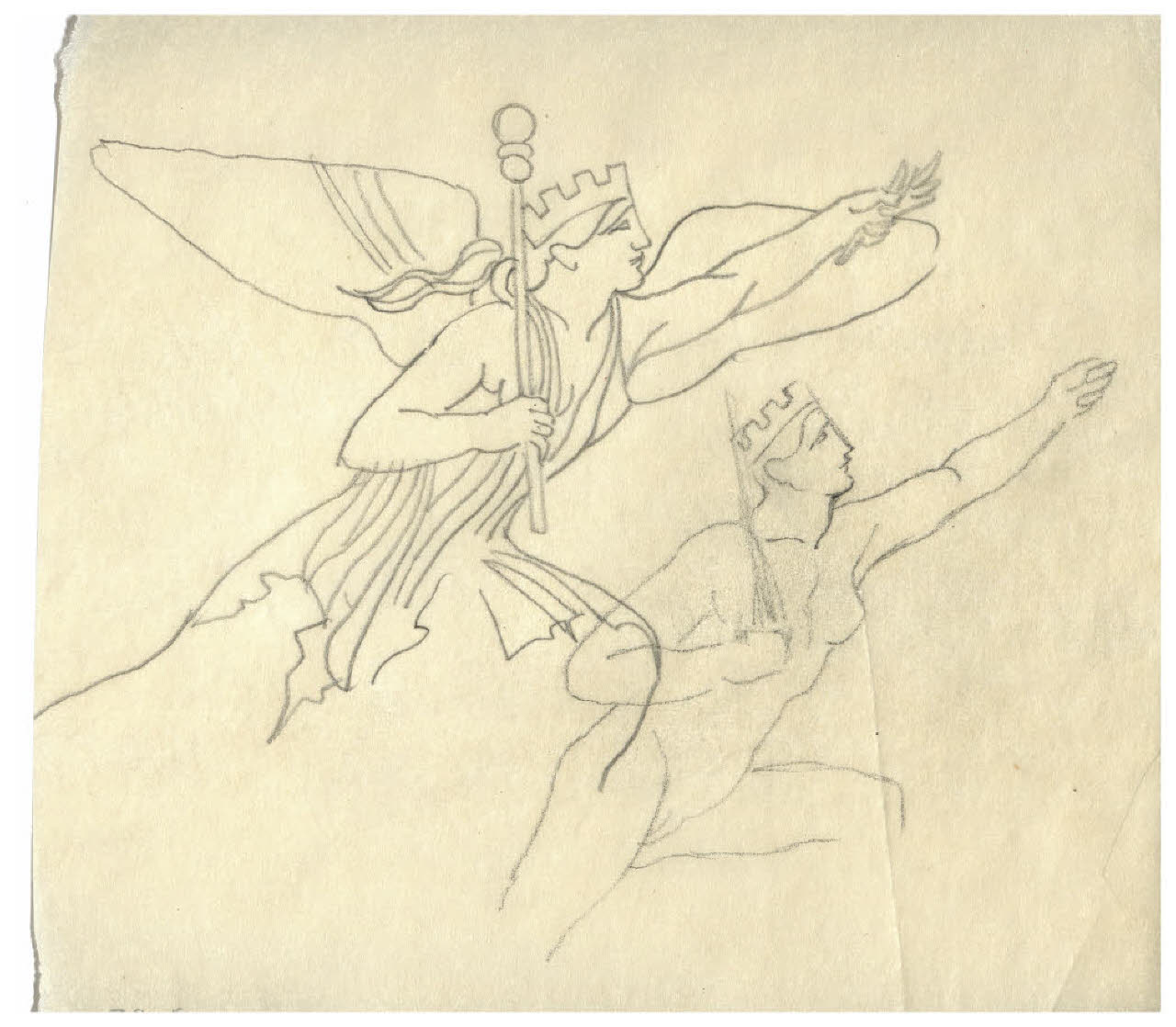 Doppio studio di figura allegorica in volo. Disegno preparatorio per francobollo commemorativo della II Guerra di Indipendenza (disegno) di Disertori, Benvenuto Maria (prima metà sec. XX)