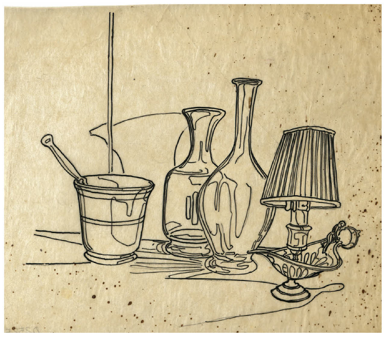 Natura morta con lampada e bottiglie (disegno) di Disertori, Benvenuto Maria (prima metà sec. XX)