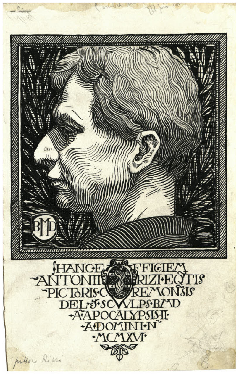 Ritratto del pittore Antonio Rizzi (disegno preparatorio per la xilografia) (disegno) di Disertori, Benvenuto Maria (sec. XX)