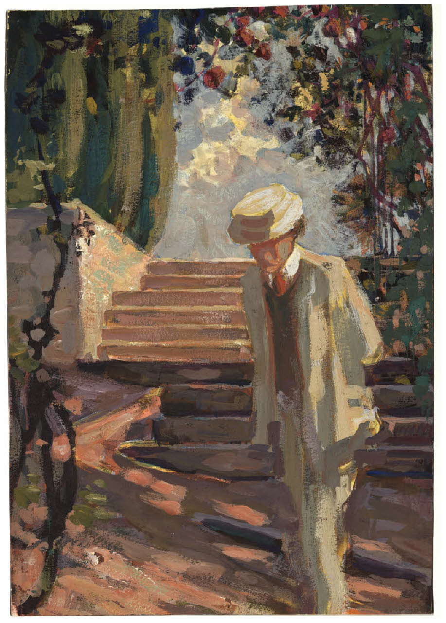 Uomo che passeggia in un giardino (disegno) di Disertori, Benvenuto Maria (prima metà sec. XX)