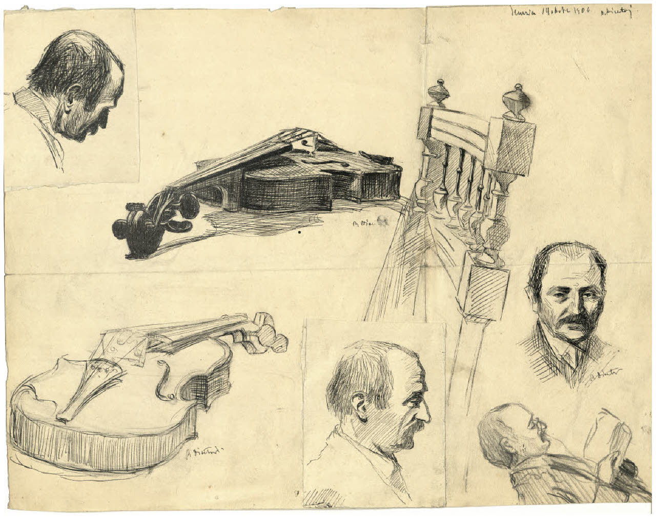 Foglio di studi di strumenti musicali e di ritratti (disegno) di Disertori, Benvenuto Maria (sec. XX)