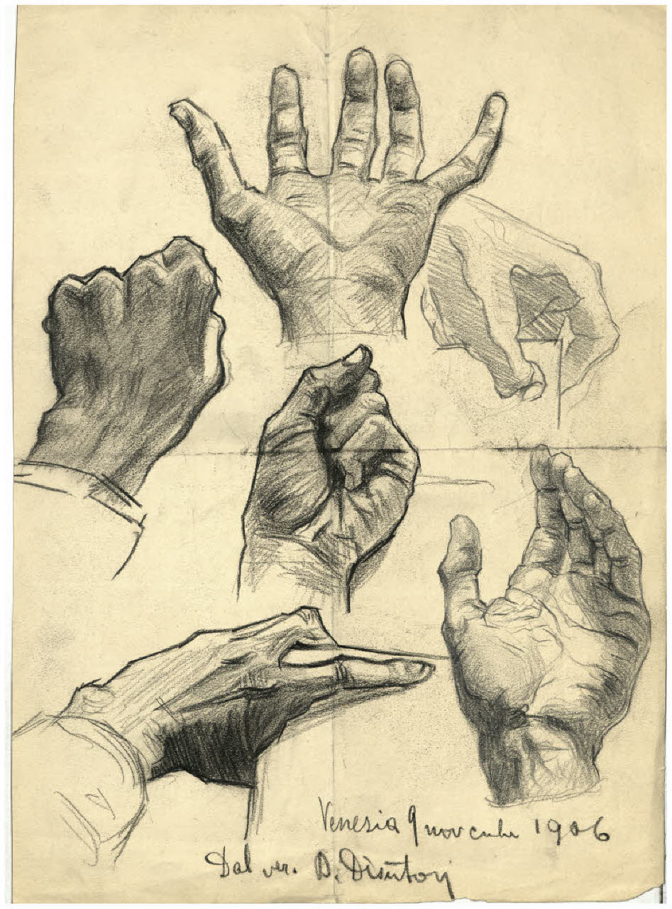 Foglio con sei studi di mano (disegno) di Disertori, Benvenuto Maria (prima metà sec. XX)